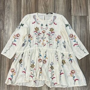 Zara White Embroidered Floral Boho Dress